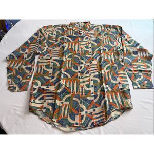 Kikomo Silk Geometric Vintage Button Down Silk Abstract Button Up Shirt Sz Large